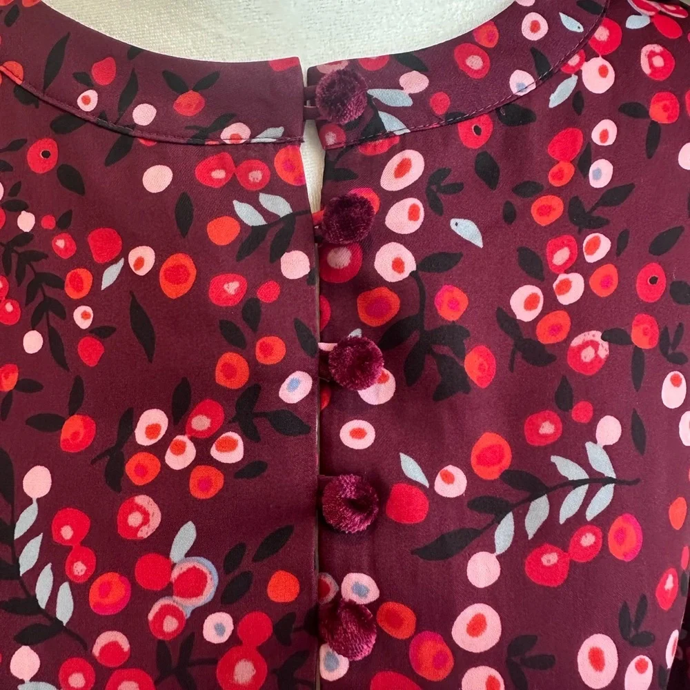 LOFT Blouse‎ Top Velvet Buttons Red & Pink Floral with Cuffed Sleeves Small